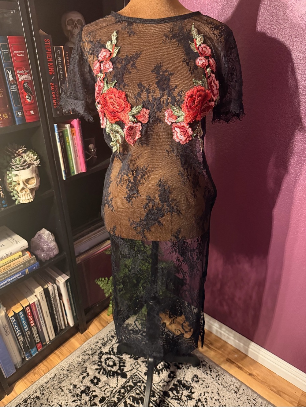 Sheer Black Lace Maxi Dress with Red Rose Embroidery on the breasts